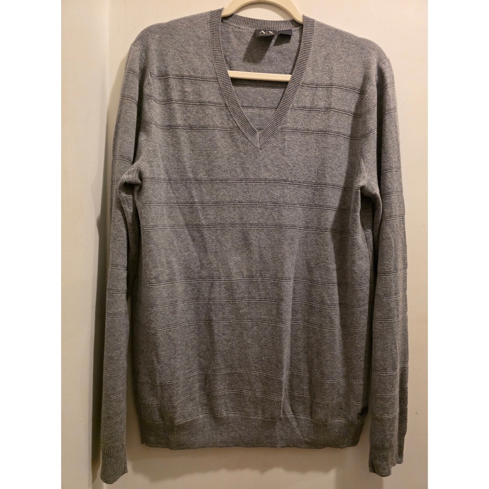 Armani Exchange Mens V-Neck Sweater Gray Textured Stripe AX Logo Medium